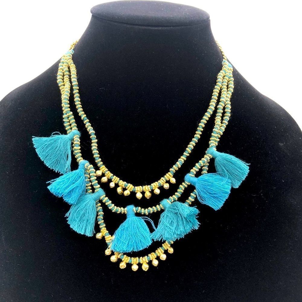 Multi Tassel Necklace with 3 Strand w/ Gold Tone